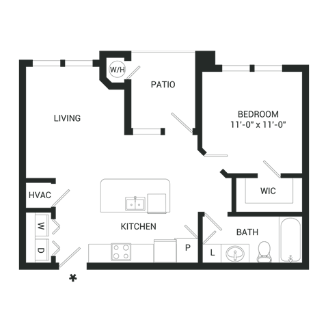 Floor plan for 1 bed, 1 bath, 635 sqft
